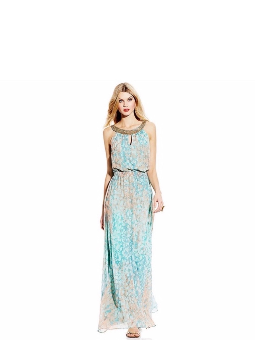 Vince Camuto Aqua and Beige Floral Maxi Dress with Beaded Collar